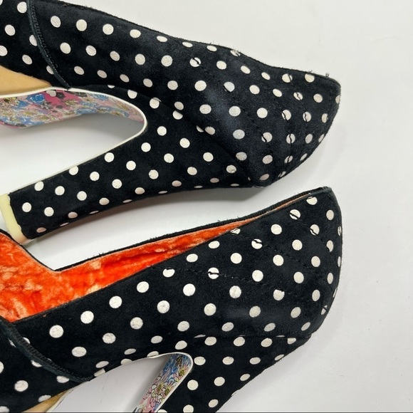 IRREGULAR Choice Black White Velvet Retro Pin-up Polka Dot Peeptoe Platform Heel - Picture 8 of 15